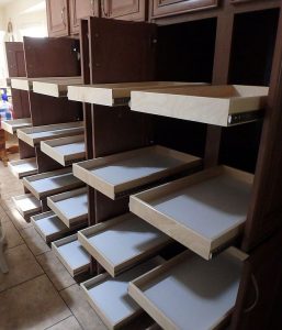 Tall Cabinet Wall with Pullout Shelves Angled View